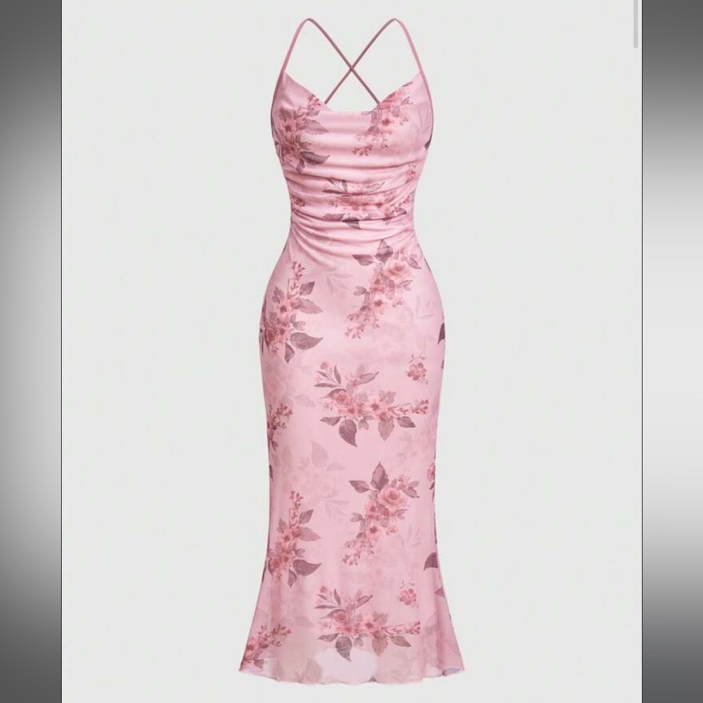 Romwe pink floral midi length dress - Picture 1 of 4